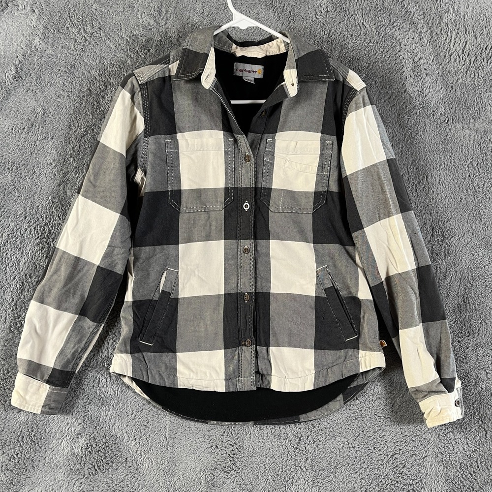 Carhartt Shirt Jacket Girls XS Black White Buffalo Plaid Fleece Lined Button Up